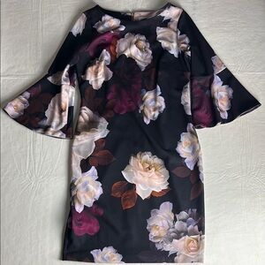 Calvin Klein Women's Black Red Pink Floral Bell Sleeve Back Zip Dress Size 12